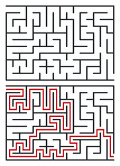 Abstract maze. Find right way. Isolated simple square maze black line on white background. Vector illustration.