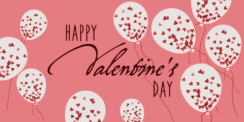 An illustration with the inscription happy Valentine's Day and white balloons with hearts inside the balloon. Lettering on a pink background. A gift card for all lovers. Printing on paper postcard