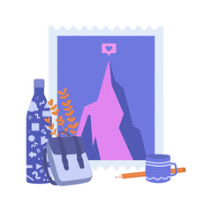 Picturewithf a mountain with a like social sign and objects used for active sports or hiking. Good memories of great time spent during free time in the past