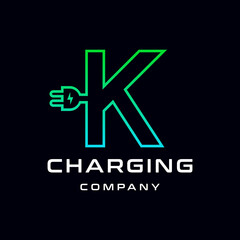 Letter K Electric Plug vector logo template. Font with green and blue gradient graphic. Technology background. This alphabet is suitable for energy, power, cable, wire, electrical, device, connect.