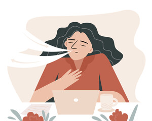A woman sit on desk with laptop and manage her stress or anxiety by breathing exercise. Flat vector iluustration.