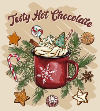 holiday composition with hot chocolate vector image, star anise and cinnamon stick, cranberry and spruce branch, christmas cookies, gingerbread, candies, candies