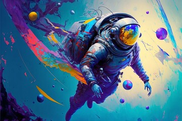 A surreal art piece depicting a floating astronaut surrounded by vibrant and bold colors of blue and purple, digital painting style made with generative AI. © Qrisio