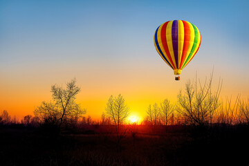 Obraz premium A hot air balloon in the sky on the background of bright sunset.