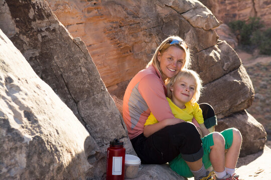 A mother and daughter  backpacking  in the Needles District, Canyonlands National Park, Monticello, Utah.