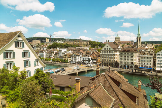 Cityscape with traditional buildings and bridge over river Limmat, Zurich, Switzerland