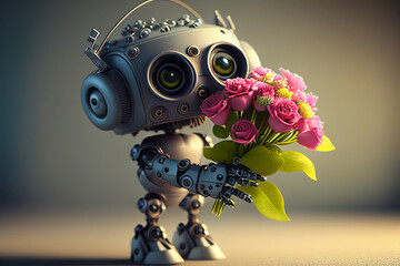 Cute robot holds bouquet of flowers, copy space. Funny robot with spring flowers. Created with Generative AI