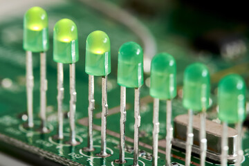 Closeup of LED indicators on the printed circuit board of the router