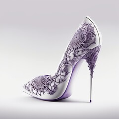 Purple and white ornamental stiletto heels. Intricate details. Isolated on white background. Generative ai.