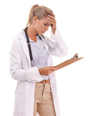 Stress, problem and doctor reading a report, healthcare chart or lab results on a studio...