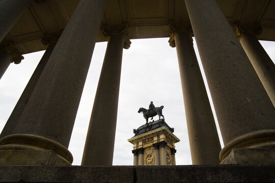 The equestrian statue of Alfonso XII in the monument Glorieta de la Sardana at the Parque del Buen Retiro, Madrid, Spain.