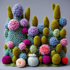 Generative AI. Handcraft inspiration from cute and colorful aesthetic plants and flowers in a pot made of wool, with a Wolitization style on a soft pastel light background. cute wedding decoration.
