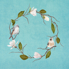 Magnolia wreath and tiny grey birds. Floral background - 560998013