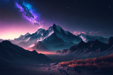 Fototapeta na wymiar A night scene of a mountain range with a purple and blue aurora light, Generative AI