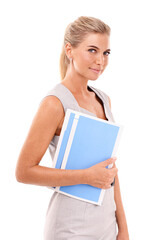 Portrait, business and woman with folder, white background or documents. Female corporate worker, employee and paperwork report in studio of receptionist, professional entrepreneur or secretary staff