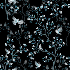 Chinoiserie seamless pattern with magnolia tree and birds. Black background. - 560999054