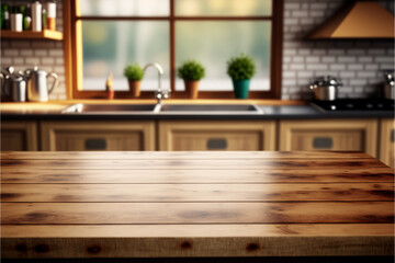 Fototapeta na wymiar Wooden desk on blurred kitchen interior background 