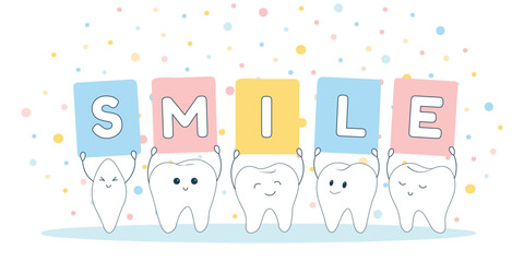 Obraz premium Poster with cute smiling cartoon teeth isolated on white background. Vector illustration.