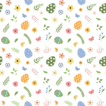 Cartoon Easter eggs with flowers, leaves, and butterflies seamless pattern. Spring holiday background for fabric, scrapbooking, gift wrap, wallpaper. Isolated on white background.