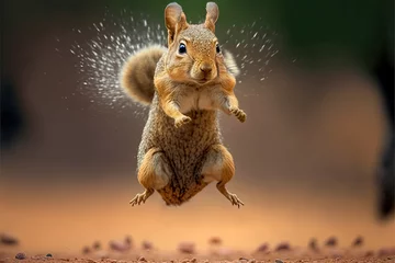Fotobehang Eurasian red squirrel (Sciurus vulgaris) jumping. © Katynn