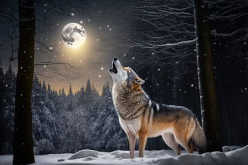 A gray wolf in a winter forest howls at the moon at night. Digital artwork	 - obrazy, fototapety, plakaty