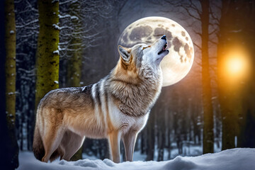 A gray wolf in a winter forest howls at the moon at night. Digital artwork	