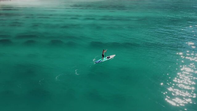 Man on stand up paddle board in sea. Surfer training on SUP board in summer sea. Aerial view
