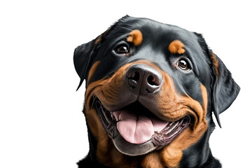Happy  Rottweiler dog smiling on isolated on transparent background. Portrait of a cute rottweiler dog. Digital art	
