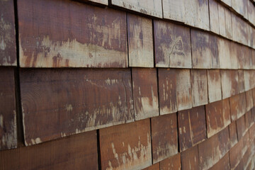 old woonden roof shingle tile background and texture. vintage timber decorate wall with. curve wooden wall.