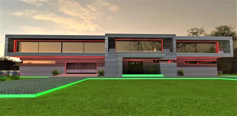 Fototapeta premium Combinaion of red and green LED illumination of the newly built modern estate at night. View from the lawn. 3d rendering.