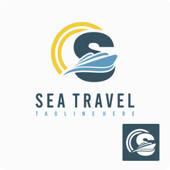 Initial S Letter with Ship Marine, Wave and Sun Icon for Travel Holiday Agency Business Logo Idea Template