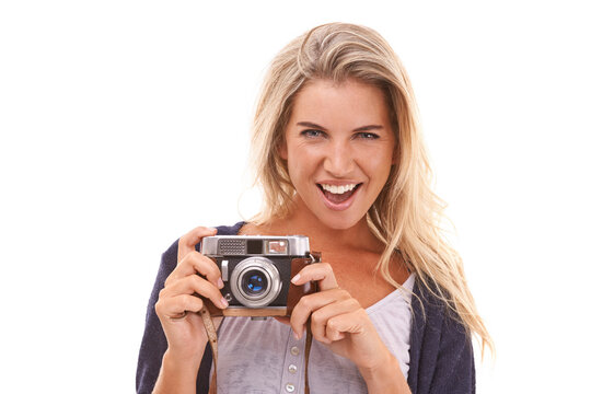 Photographer, studio portrait and woman with camera for vintage photo shooting, picture memory or lens photoshoot. Photography, paparazzi and model with emoji facial expression on white background