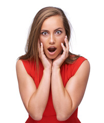 Woman, portrait and shocked or surprise with wow or open mouth reaction while isolated on white background. Face of female with omg emoji for fake news, sale announcement or gossip in studio - obrazy, fototapety, plakaty