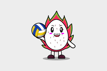 Cute cartoon Dragon fruit character playing volleyball in flat cartoon style illustration