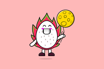 Cute cartoon Dragon fruit floating with moon balloon cartoon vector illustration 