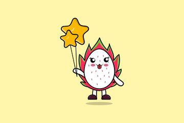 Cute cartoon Dragon fruit businessman floating with gold coin balloon cartoon vector illustration 