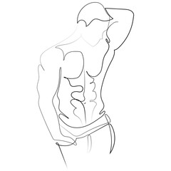 Continuous line male figure naked muscular body vector illustration isolated on white .Minimal design for print,poster,logo,cover.Line drawing of a strong man Athlete in a beautiful sexy pose