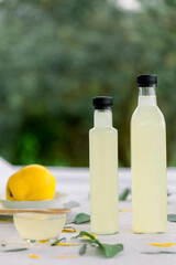 various salad vinegars in glass bottles. Front and top view. apple, lemon, strawberry, quince, grape, melon, apricot, tangerine, orange, grapefruit,