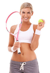 Tennis girl, studio portrait and racket with tennis ball for health, sports and wellness by white background. Happy tennis player woman, focus and mindset while isolated for training, fitness or goal
