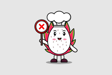 cute cartoon Dragon fruit chef holding wrong sign board in vector character illustration