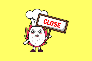 Cute cartoon Dragon fruit chef character holding close sign board designs in flat cartoon style