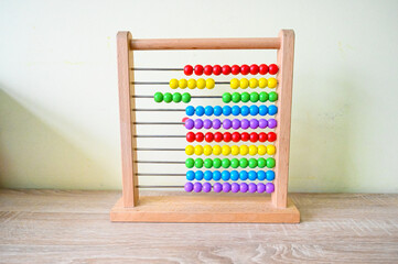 Wooden educational counting toy for children. Abacus counting frame. Calculating tool. Beads on wire. 