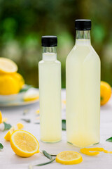 various salad vinegars in glass bottles. Front and top view. apple, lemon, strawberry, quince, grape, melon, apricot, tangerine, orange, grapefruit,