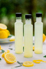 various salad vinegars in glass bottles. Front and top view. apple, lemon, strawberry, quince, grape, melon, apricot, tangerine, orange, grapefruit,