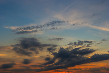 sunset sky with multicolor clouds. Dramatic twilight sky background