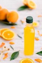 various salad vinegars in glass bottles. Front and top view. apple, lemon, strawberry, quince, grape, melon, apricot, tangerine, orange, grapefruit,