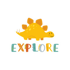 Cute dinosaur hand drawn lettering. Love Adventure. Dino flat vector typography. Isolated scandinavian cartoon illustration for kids, book, t-shirts, banner, card, logo.