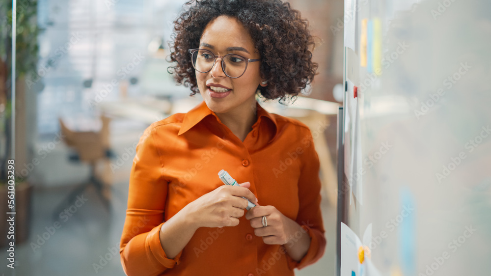 Poster portrait of a beautiful black woman in smart casual clothes doing a presentation in a meeting room f