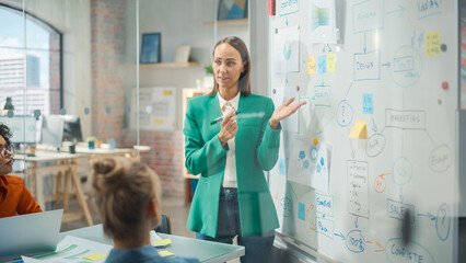 Female Chief Analyst Holds Meeting Presentation for a Team of Economists. She Shows a Whiteboard...