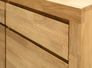 Wooden drawers close view photo, wooden eco furniture elements background. Solid wood furniture...